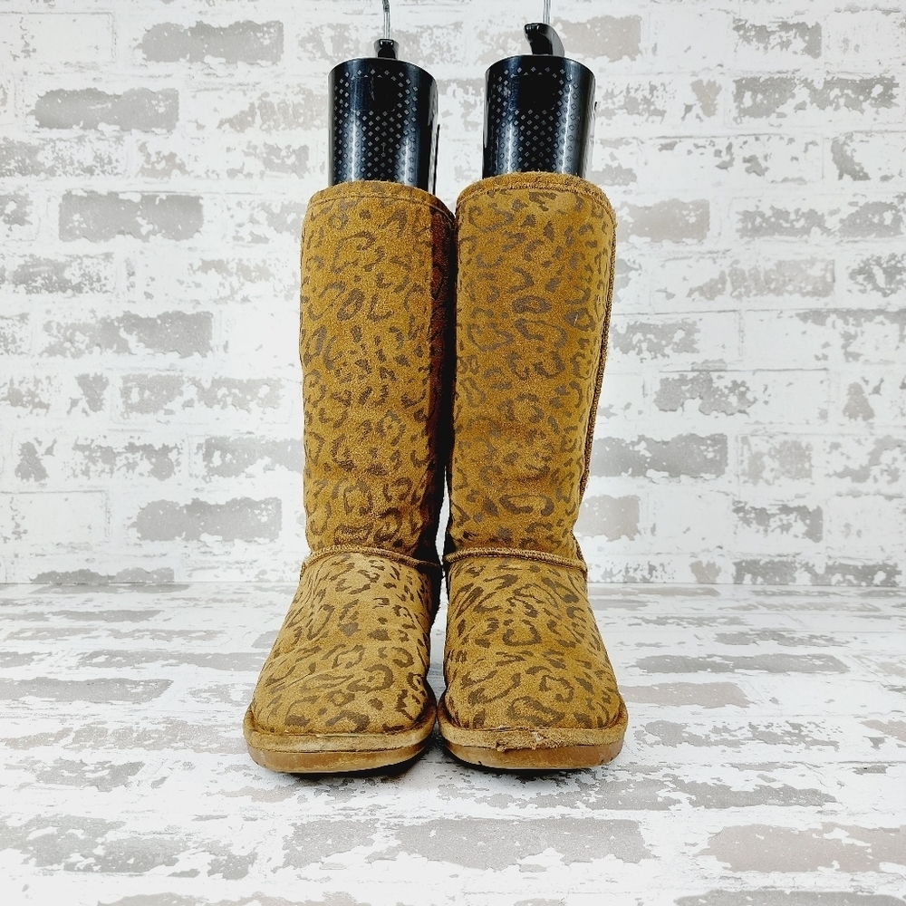 BearPaw Brown Tan Leather Leopard Print Slip On Winter Casual Boots T30 - Picture 2 of 11